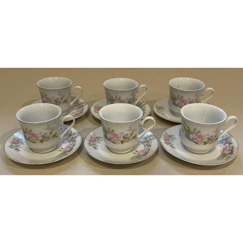 Vntg Coffee Espresso Set 6 Cups & Saucers Floral Garden Lady Grace Luceno Canada